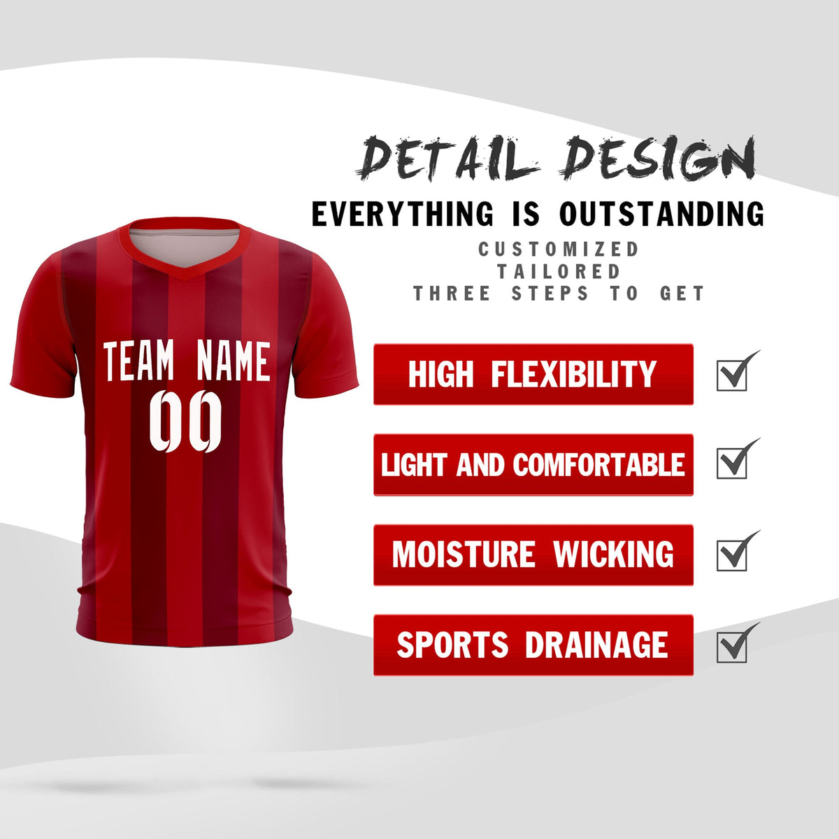Custom Red Crimson Vertical Stripes Casual Outdoor Soccer Sets Jersey