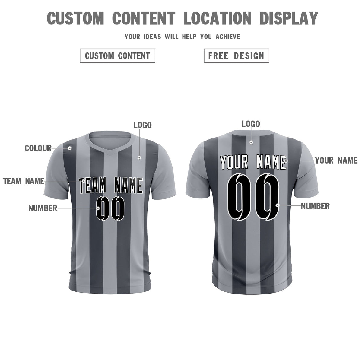 Custom Gray Dark Gray Vertical Stripes Casual Outdoor Soccer Sets Jersey