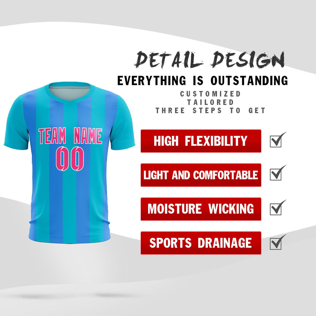 Custom Sky Blue Powder Blue Vertical Stripes Casual Outdoor Soccer Sets Jersey