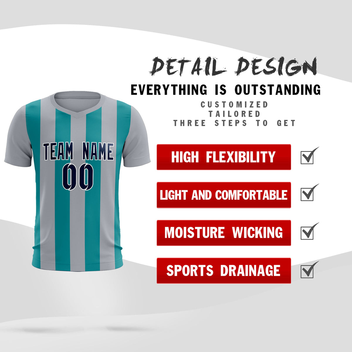 Custom Gray Aqua Vertical Stripes Casual Outdoor Soccer Sets Jersey