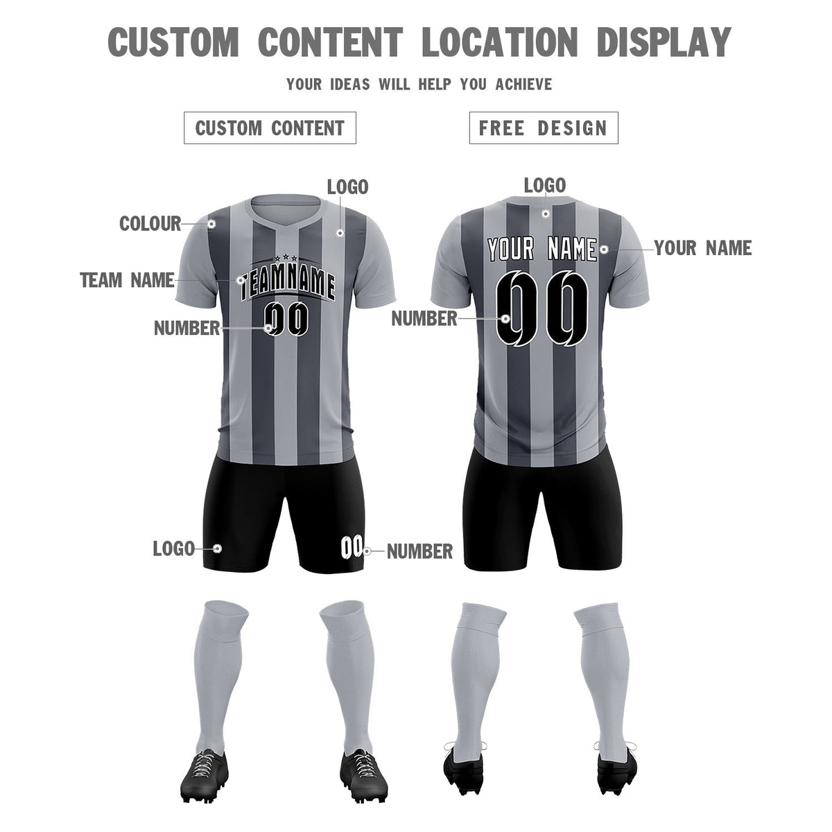 Custom Gray Dark Gray Vertical Stripes Casual Outdoor Soccer Sets Jersey