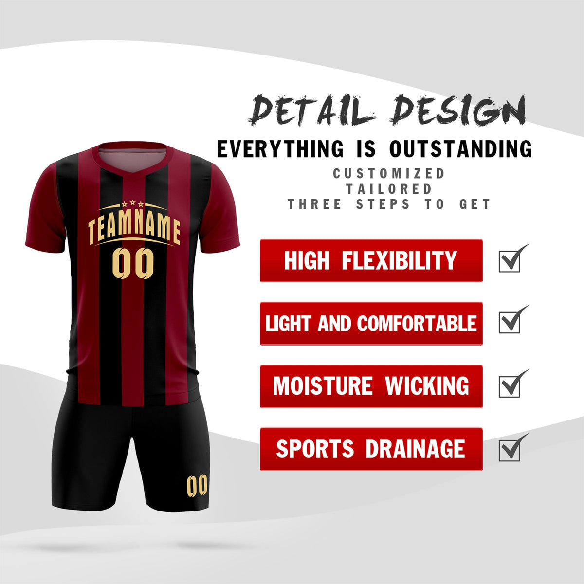 Custom Crimson Black Vertical Stripes Casual Outdoor Soccer Sets Jersey