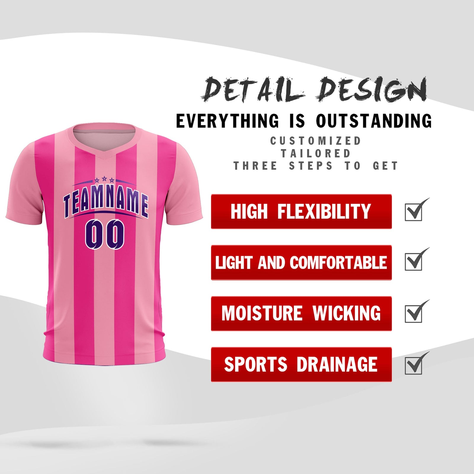 Custom Light Pink Pink Vertical Stripes Casual Outdoor Soccer Sets Jersey