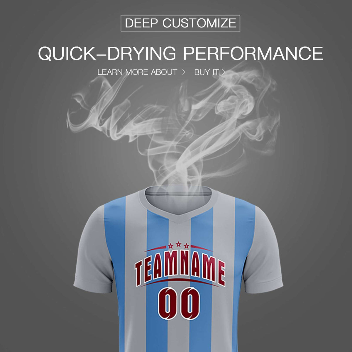 Custom Gray Light Blue Vertical Stripes Casual Outdoor Soccer Sets Jersey