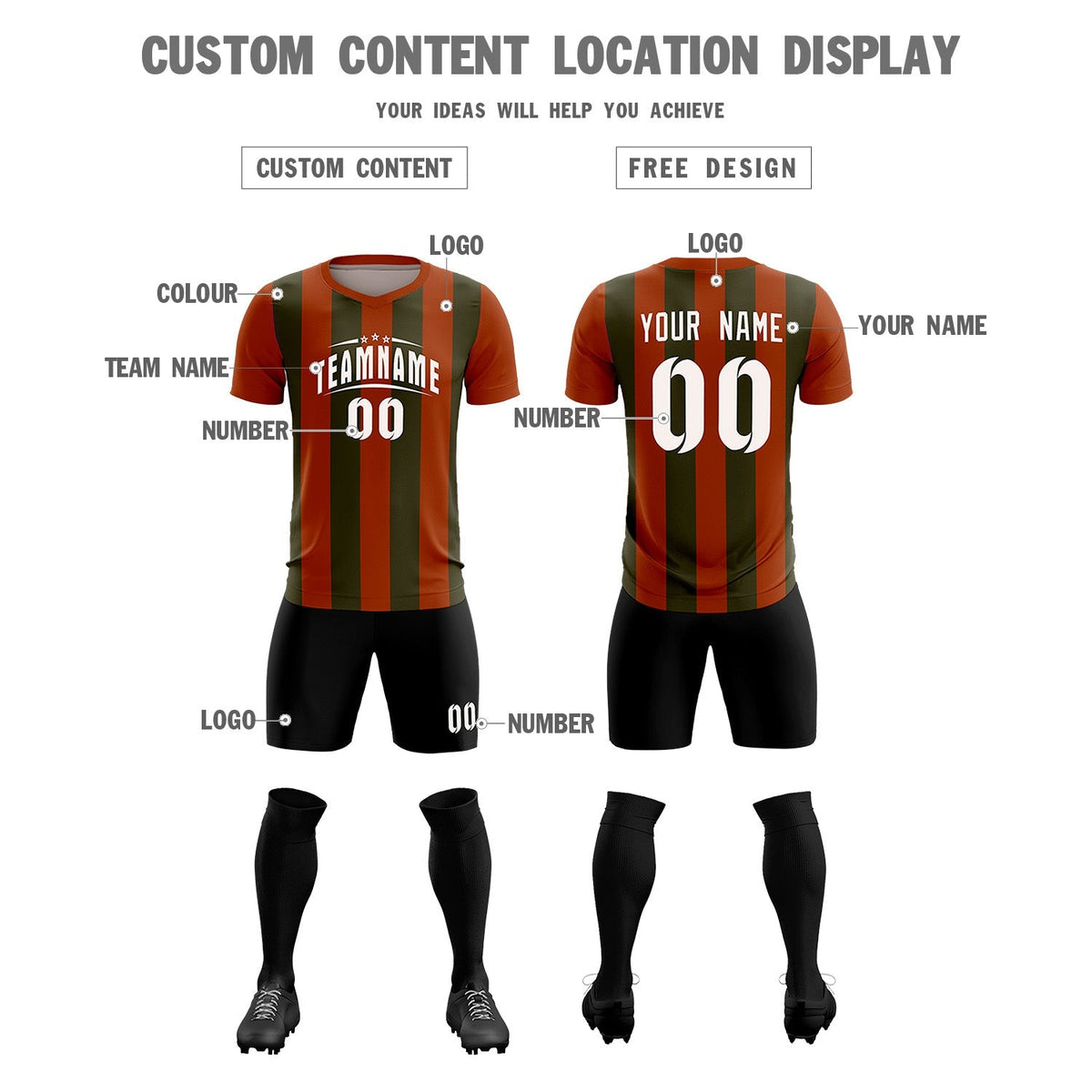 Custom Texas Orange Olive Vertical Stripes Casual Outdoor Soccer Sets Jersey