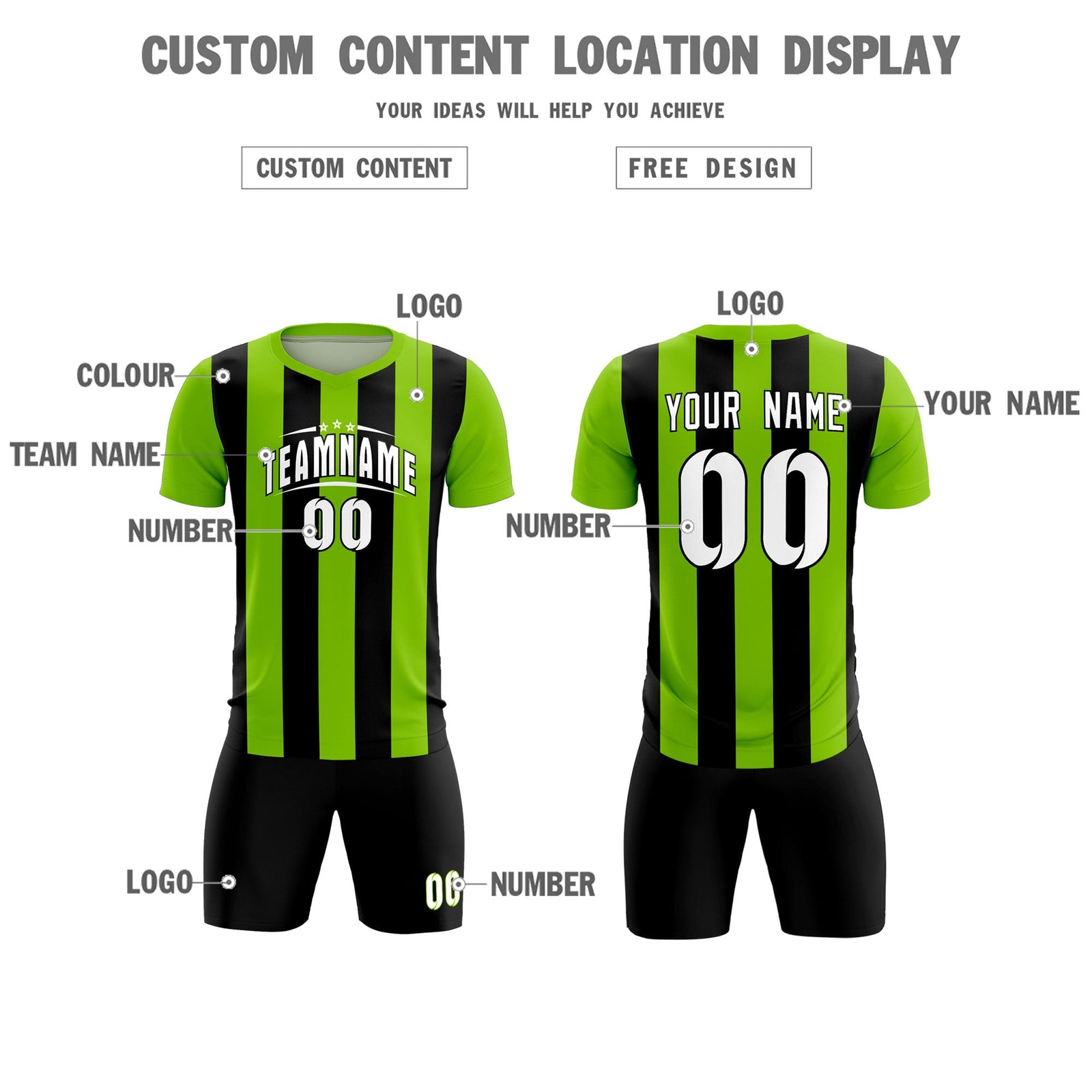 Custom Neon Green Black Vertical Stripes Casual Outdoor Soccer Sets Jersey