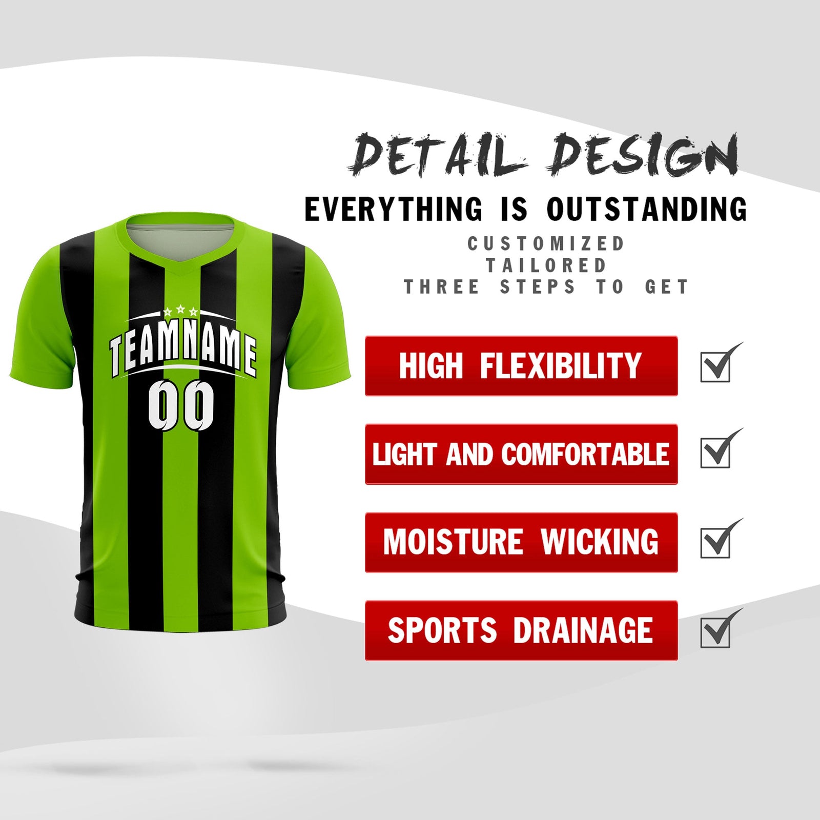 Custom Neon Green Black Vertical Stripes Casual Outdoor Soccer Sets Jersey