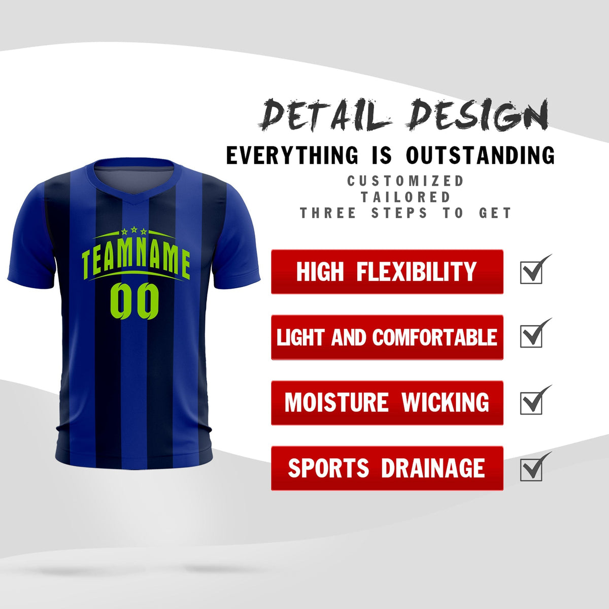 Custom Royal Navy Vertical Stripes Casual Outdoor Soccer Sets Jersey