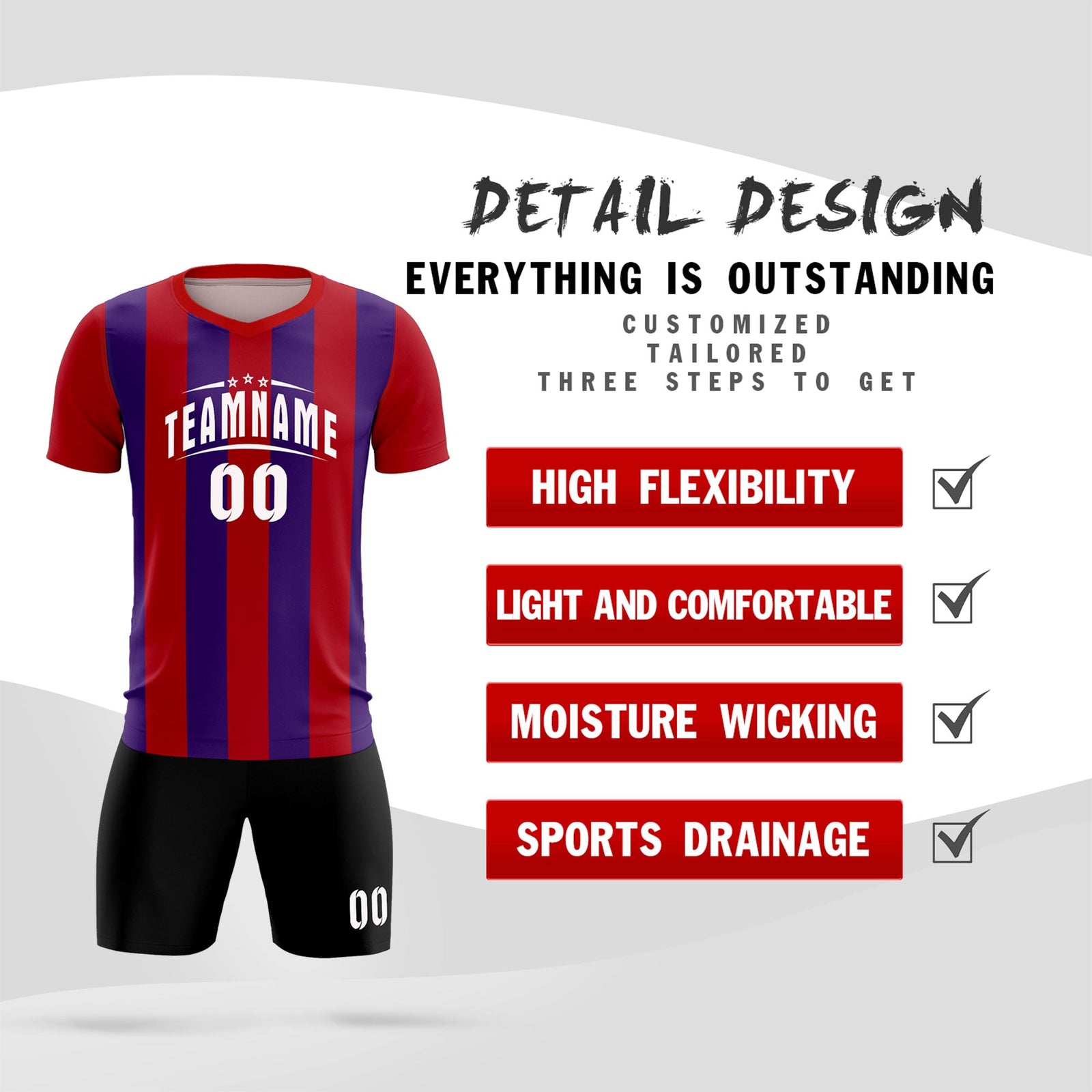 Custom Red Purple Vertical Stripes Casual Outdoor Soccer Sets Jersey