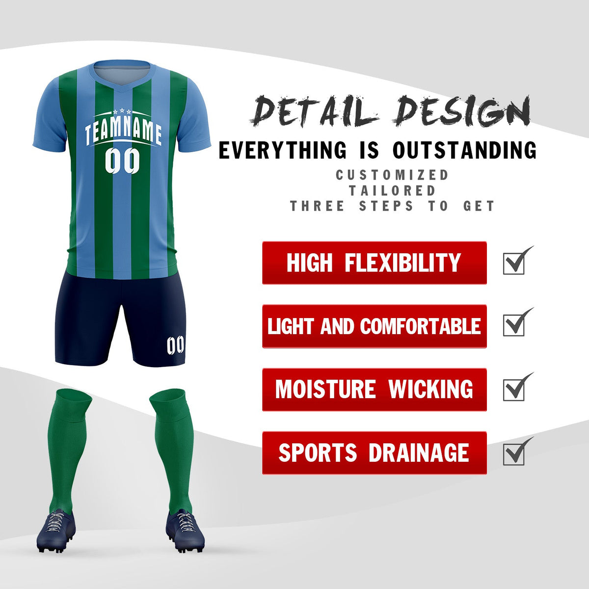 Custom Light Blue Kelly Green Vertical Stripes Casual Outdoor Soccer Sets Jersey
