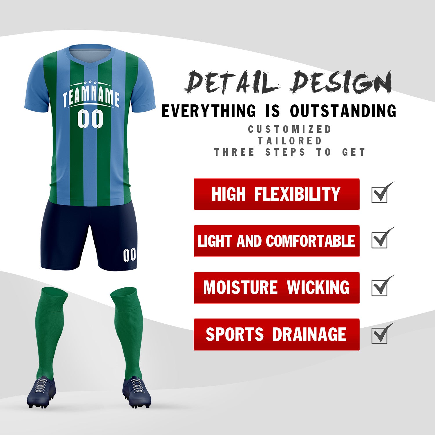 Custom Light Blue Kelly Green Vertical Stripes Casual Outdoor Soccer Sets Jersey