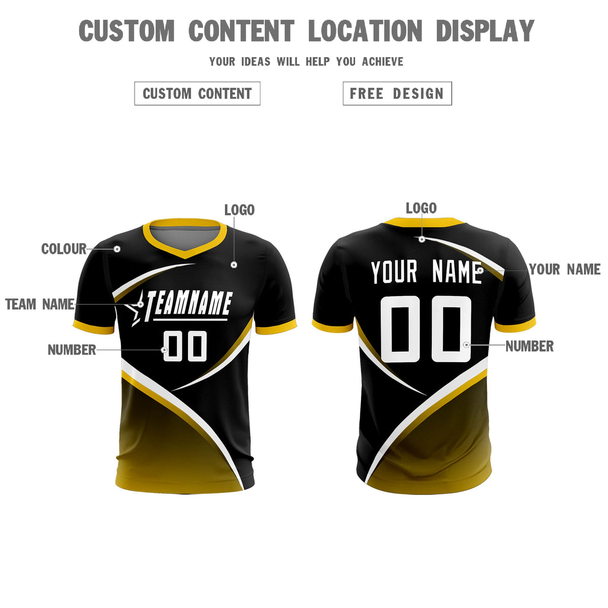 Custom Black Gold Color Block Training Uniform For Men Soccer Sets Jersey