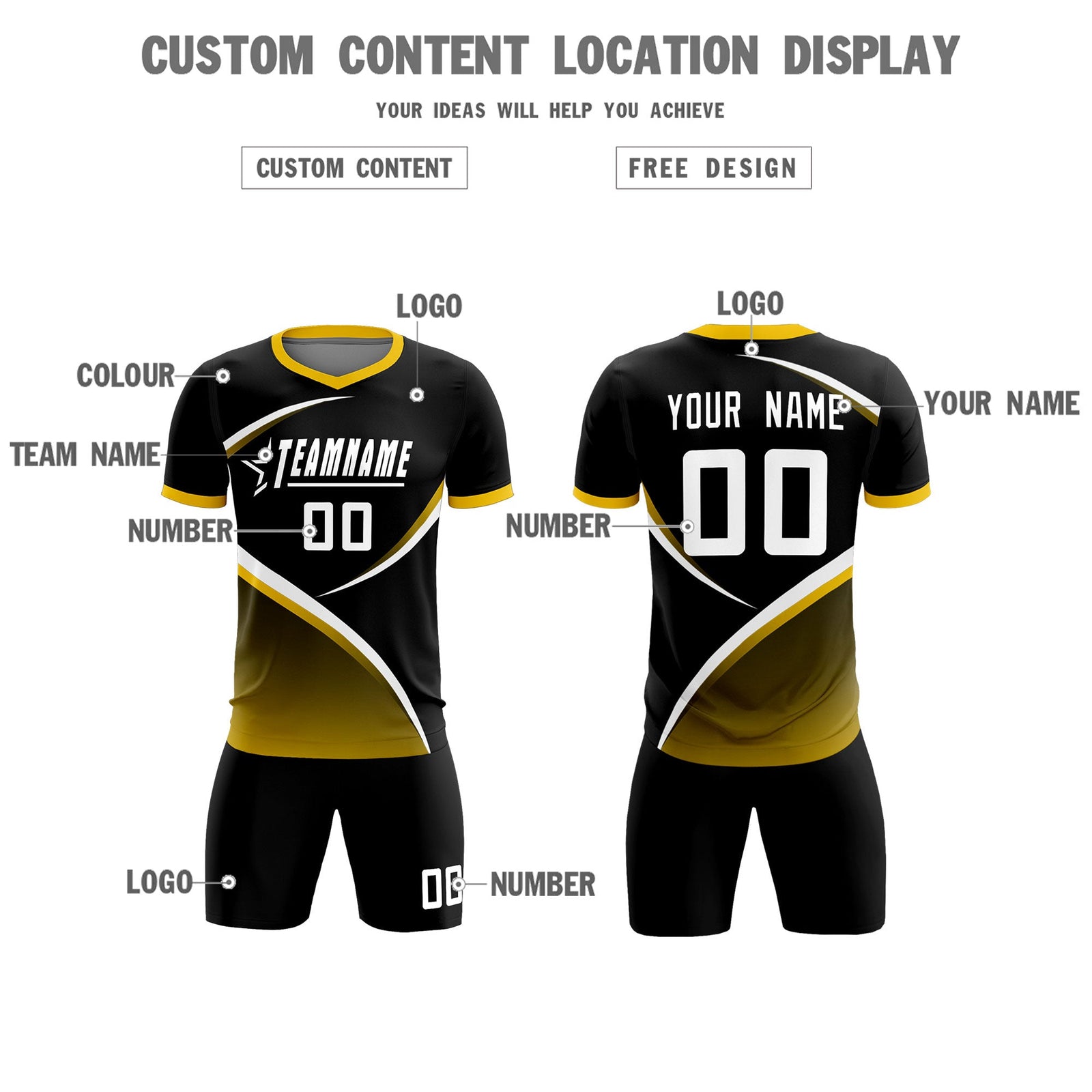 Custom Black Gold Color Block Training Uniform For Men Soccer Sets Jersey