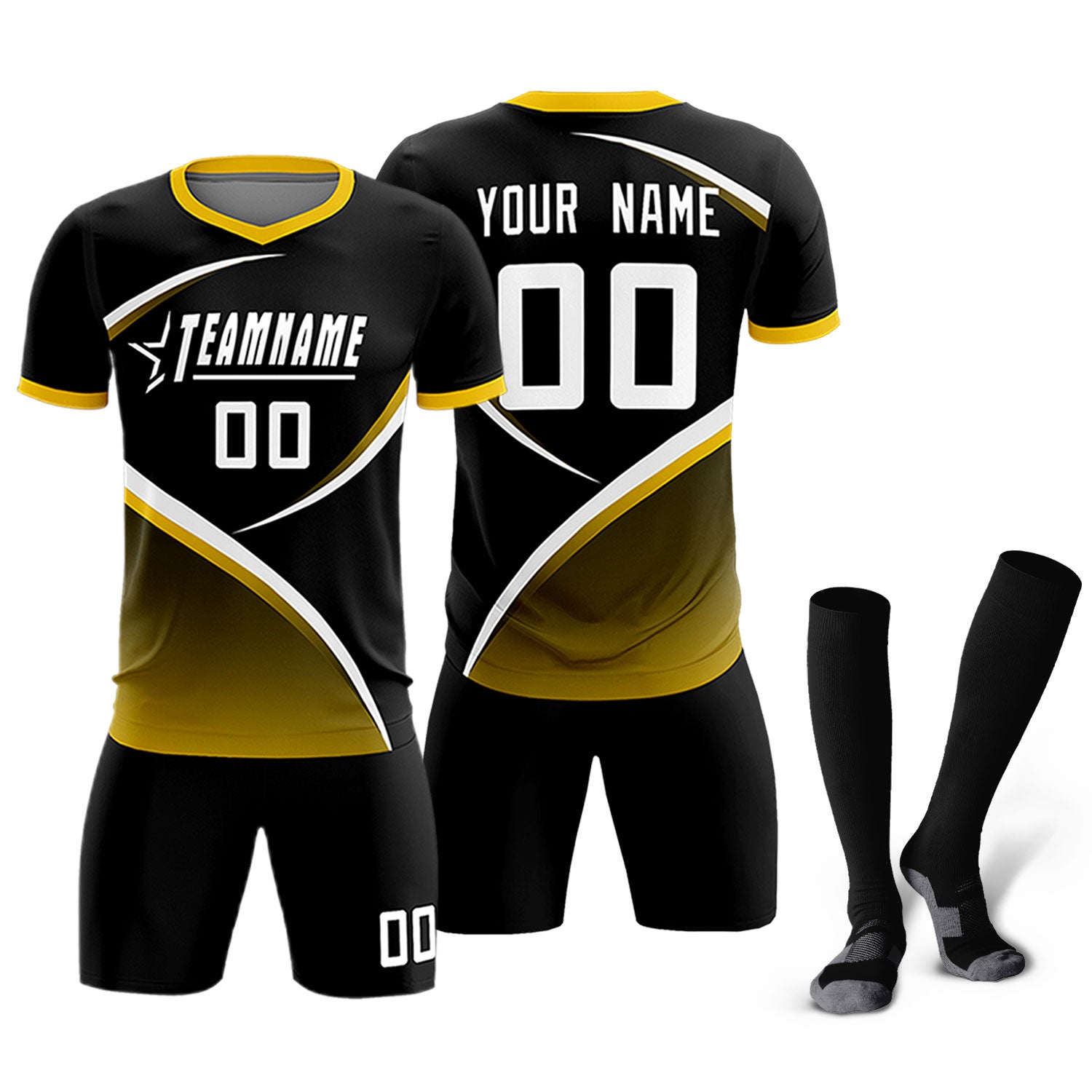 Custom Black Gold Color Block Training Uniform For Men Soccer Sets Jersey