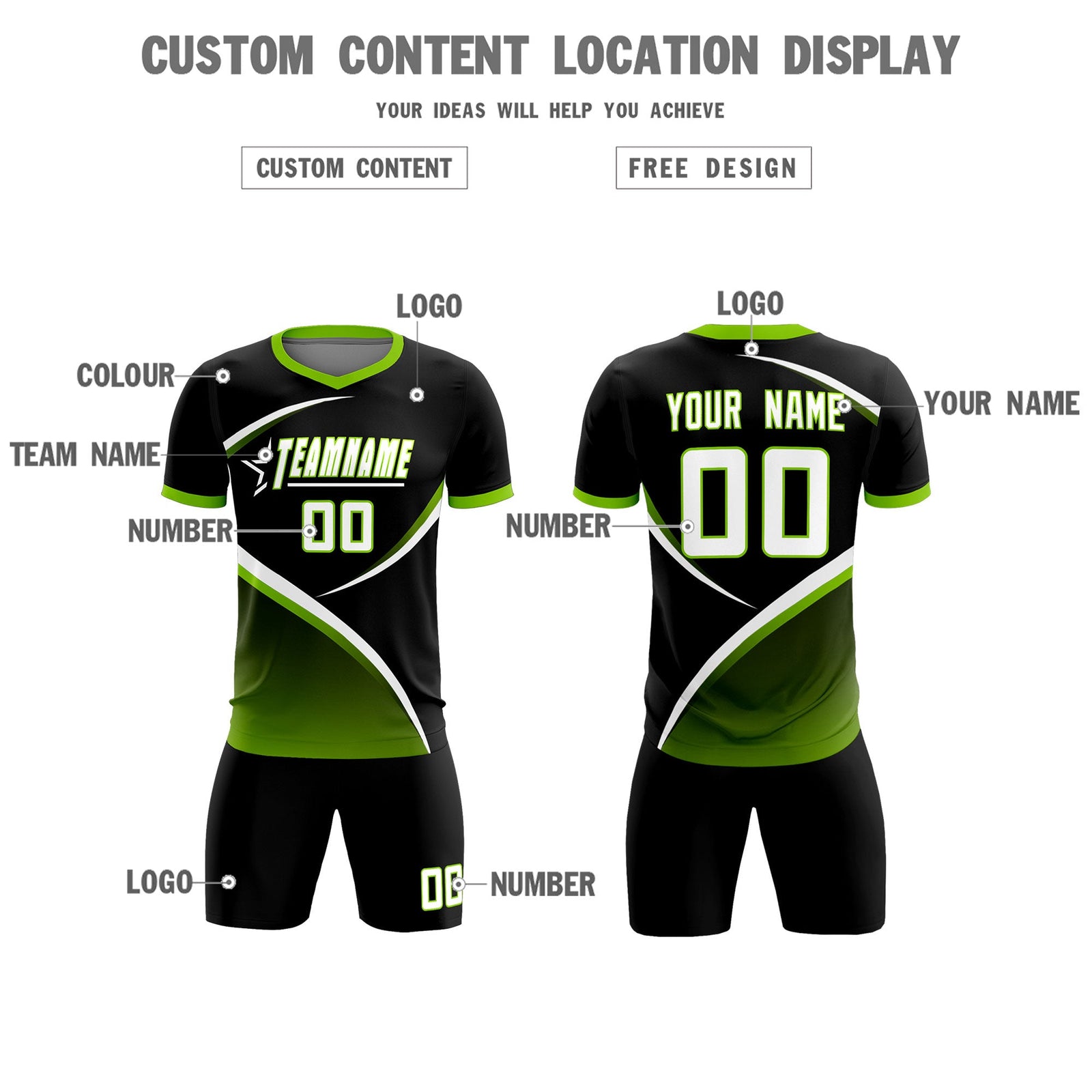 Custom Black Neon Green Color Block Training Uniform For Men Soccer Sets Jersey