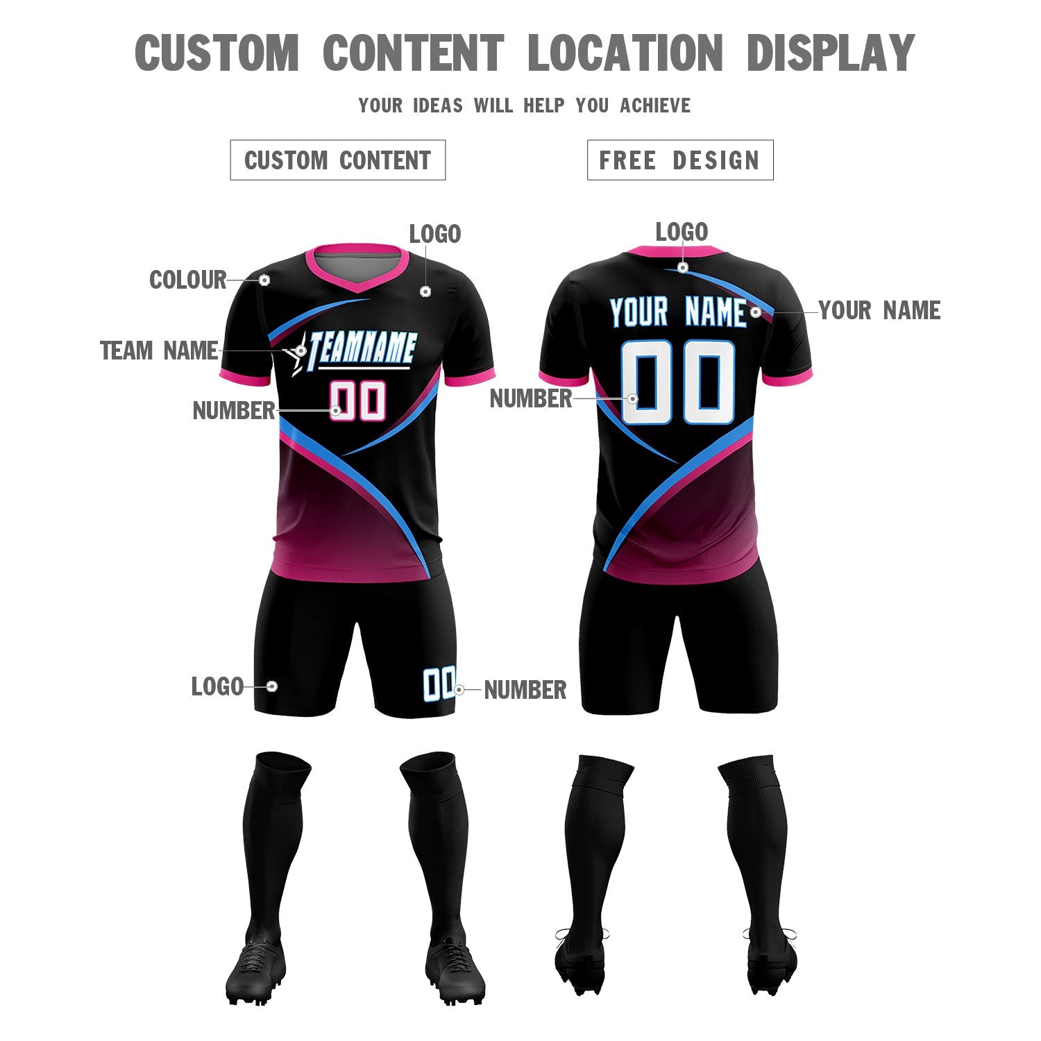 Custom Black Pink Color Block Training Uniform For Men Soccer Sets Jersey