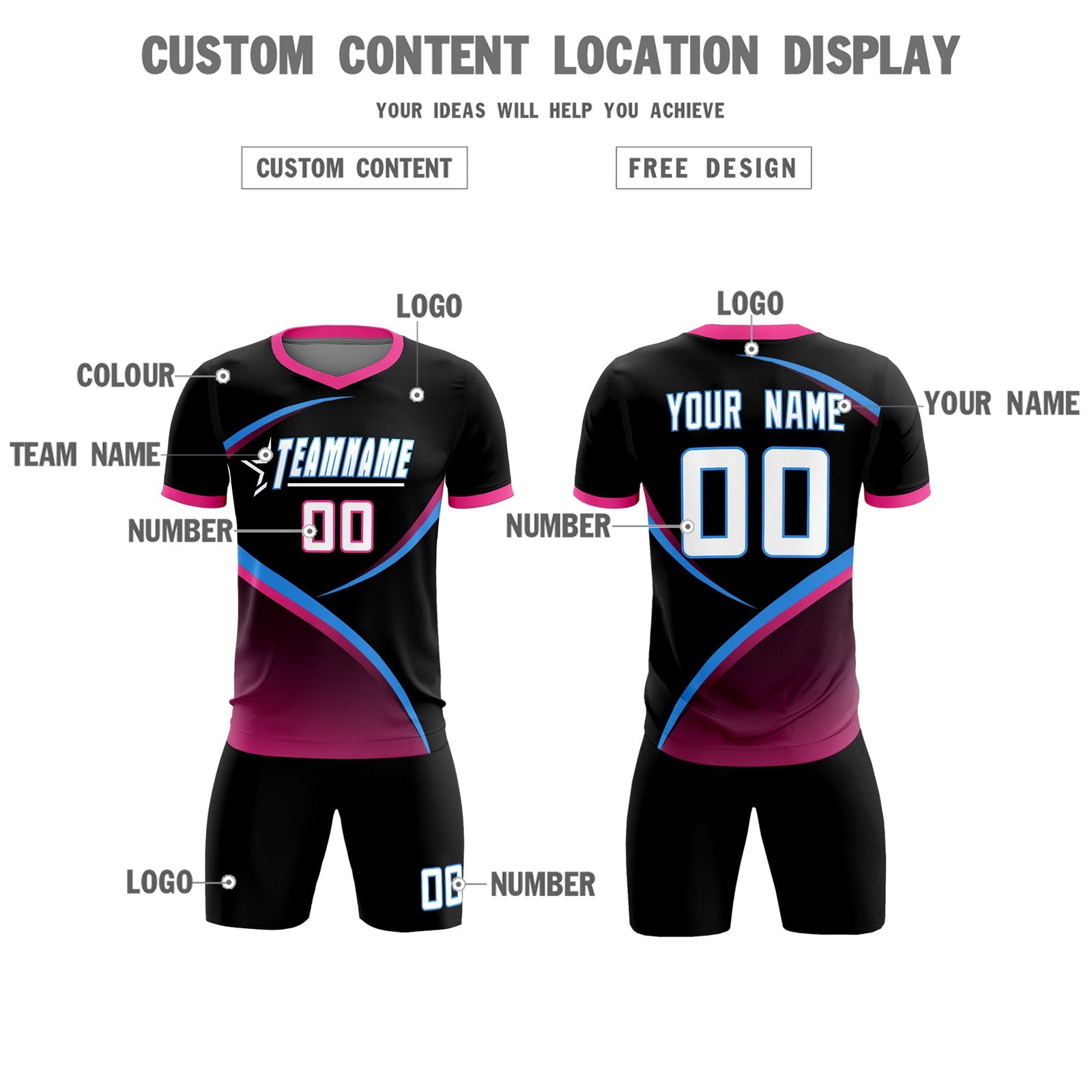 Custom Black Pink Color Block Training Uniform For Men Soccer Sets Jersey