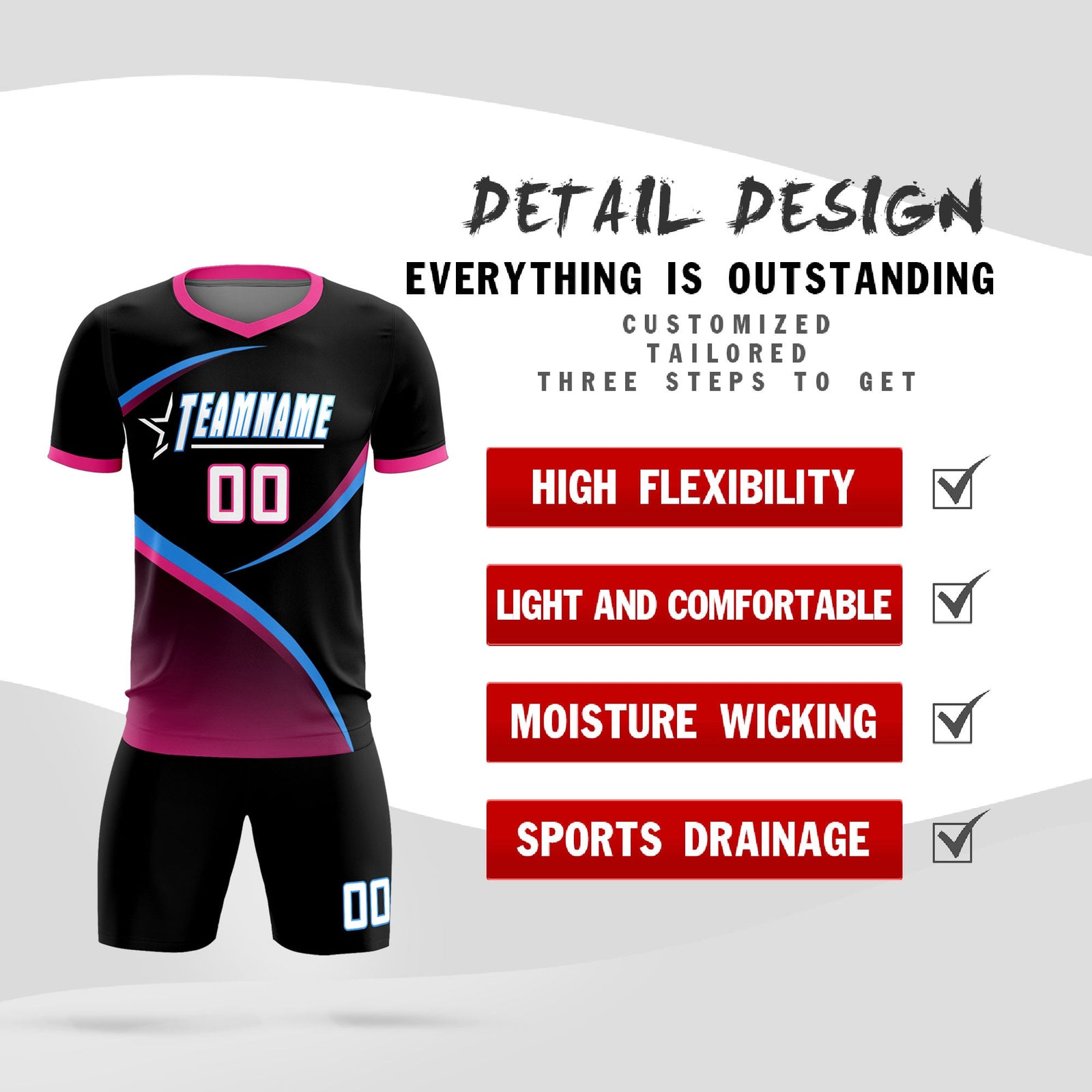 Custom Black Pink Color Block Training Uniform For Men Soccer Sets Jersey