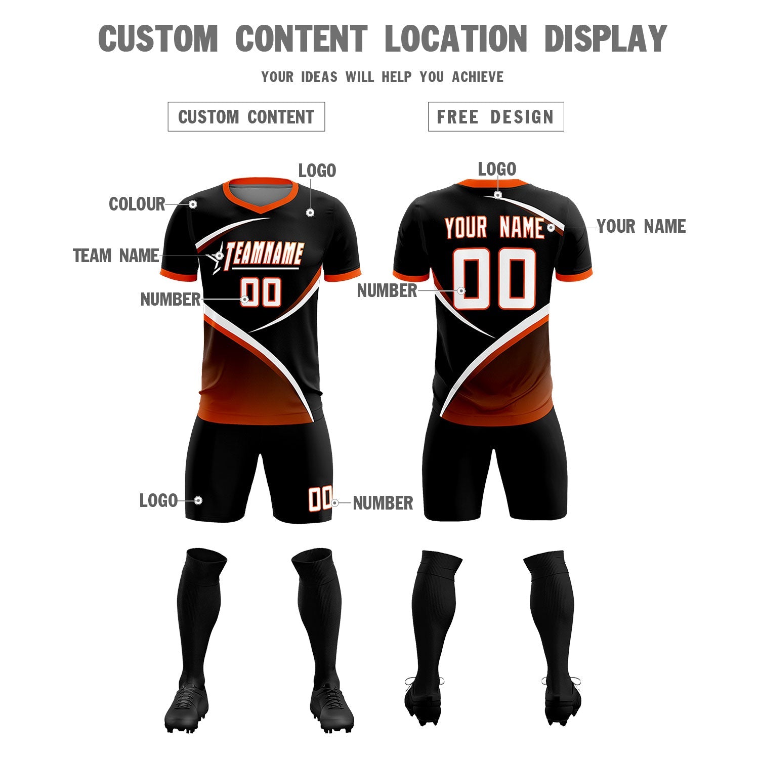 Custom Black Orange Color Block Training Uniform For Men Soccer Sets Jersey