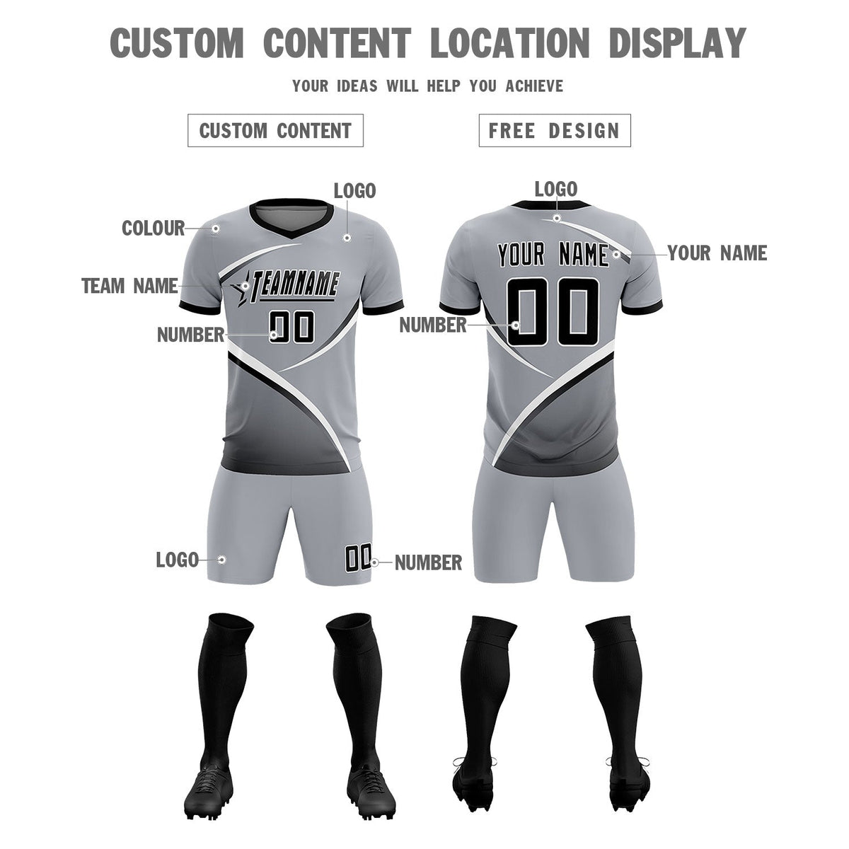 Custom Gray Black Color Block Training Uniform For Men Soccer Sets Jersey