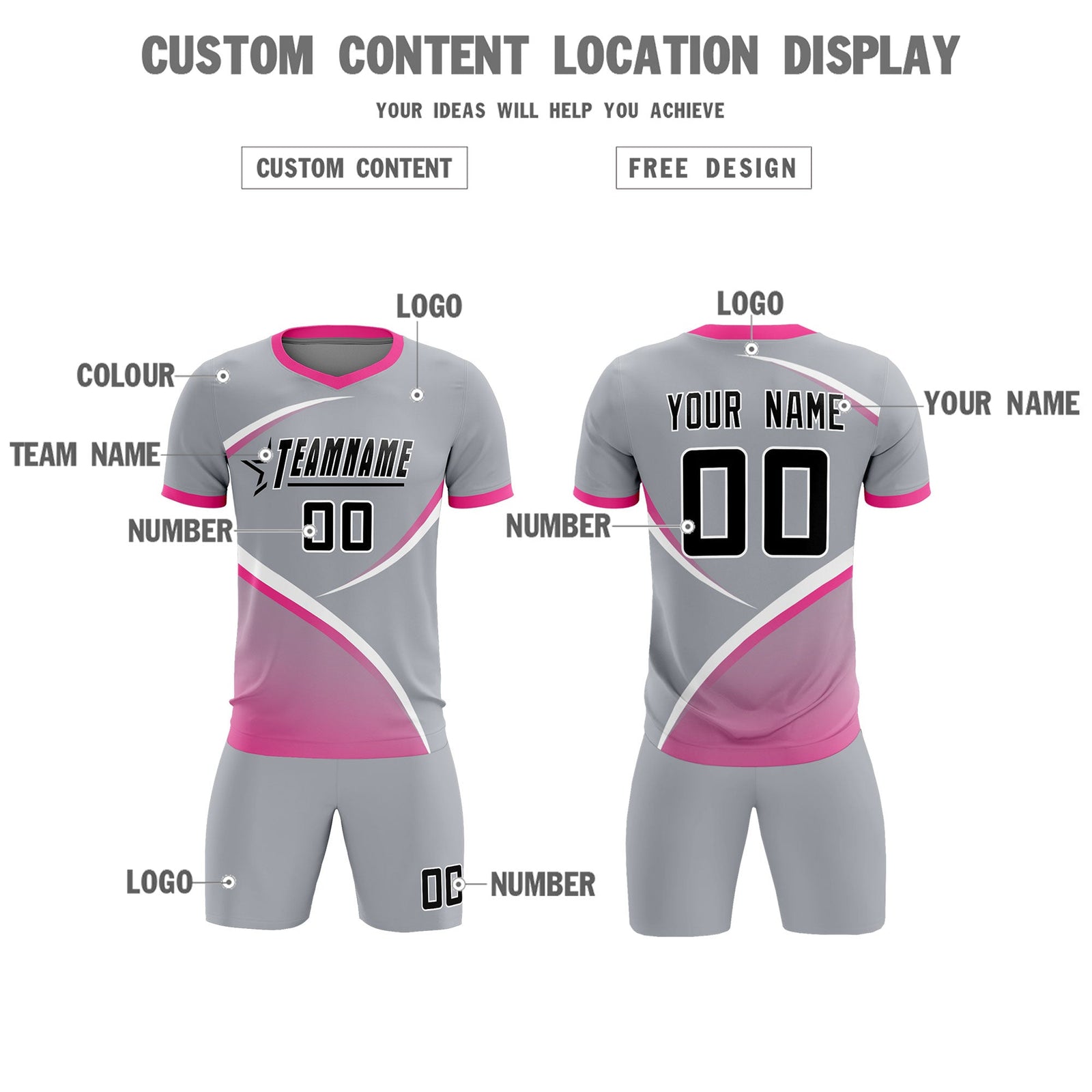 Custom Gray Pink Color Block Training Uniform For Men Soccer Sets Jersey