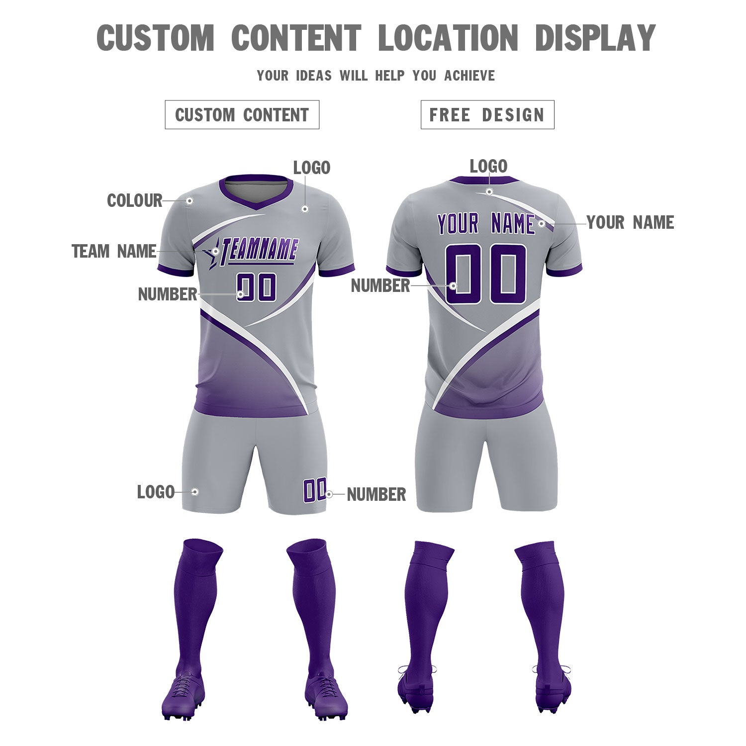 Custom Gray Purple Color Block Training Uniform For Men Soccer Sets Jersey