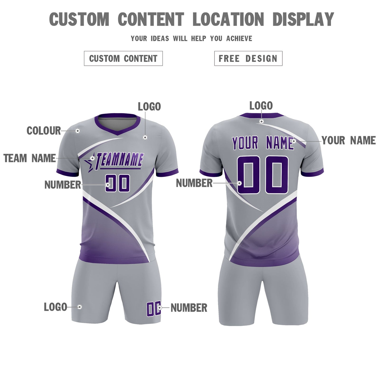 Custom Gray Purple Color Block Training Uniform For Men Soccer Sets Jersey