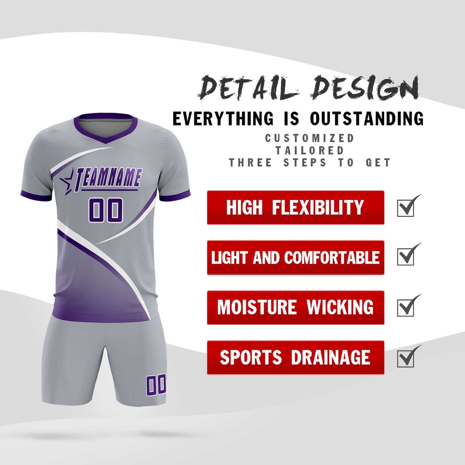 Custom Gray Purple Color Block Training Uniform For Men Soccer Sets Jersey
