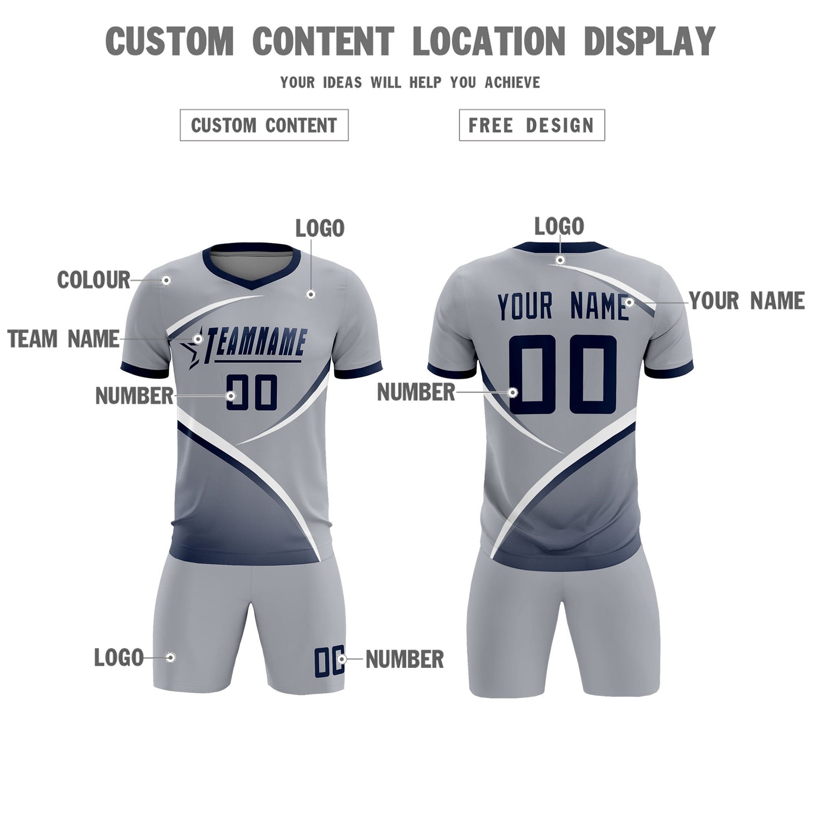 Custom Gray Navy Color Block Training Uniform For Men Soccer Sets Jersey