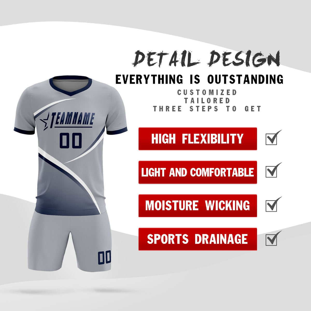 Custom Gray Navy Color Block Training Uniform For Men Soccer Sets Jersey
