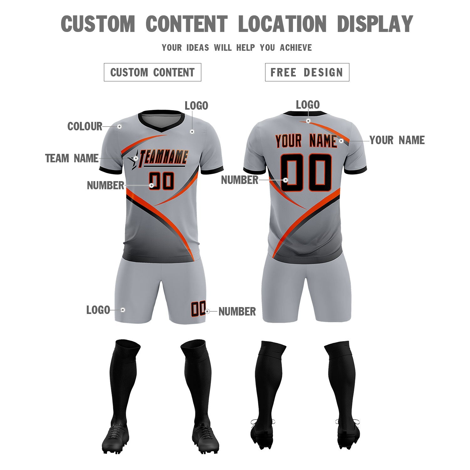Custom Gray Black Color Block Training Uniform For Men Soccer Sets Jersey