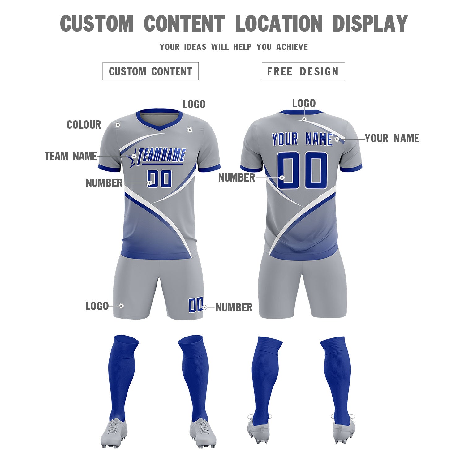 Custom Gray Royal Color Block Training Uniform For Men Soccer Sets Jersey