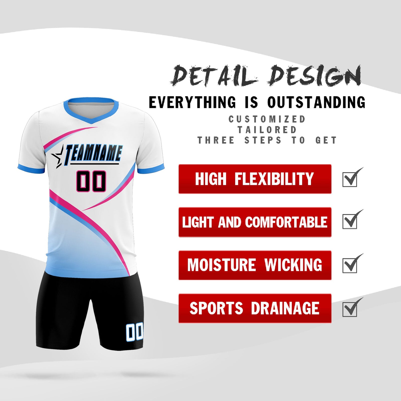 Custom White Powder Blue Color Block Training Uniform For Men Soccer Sets Jersey
