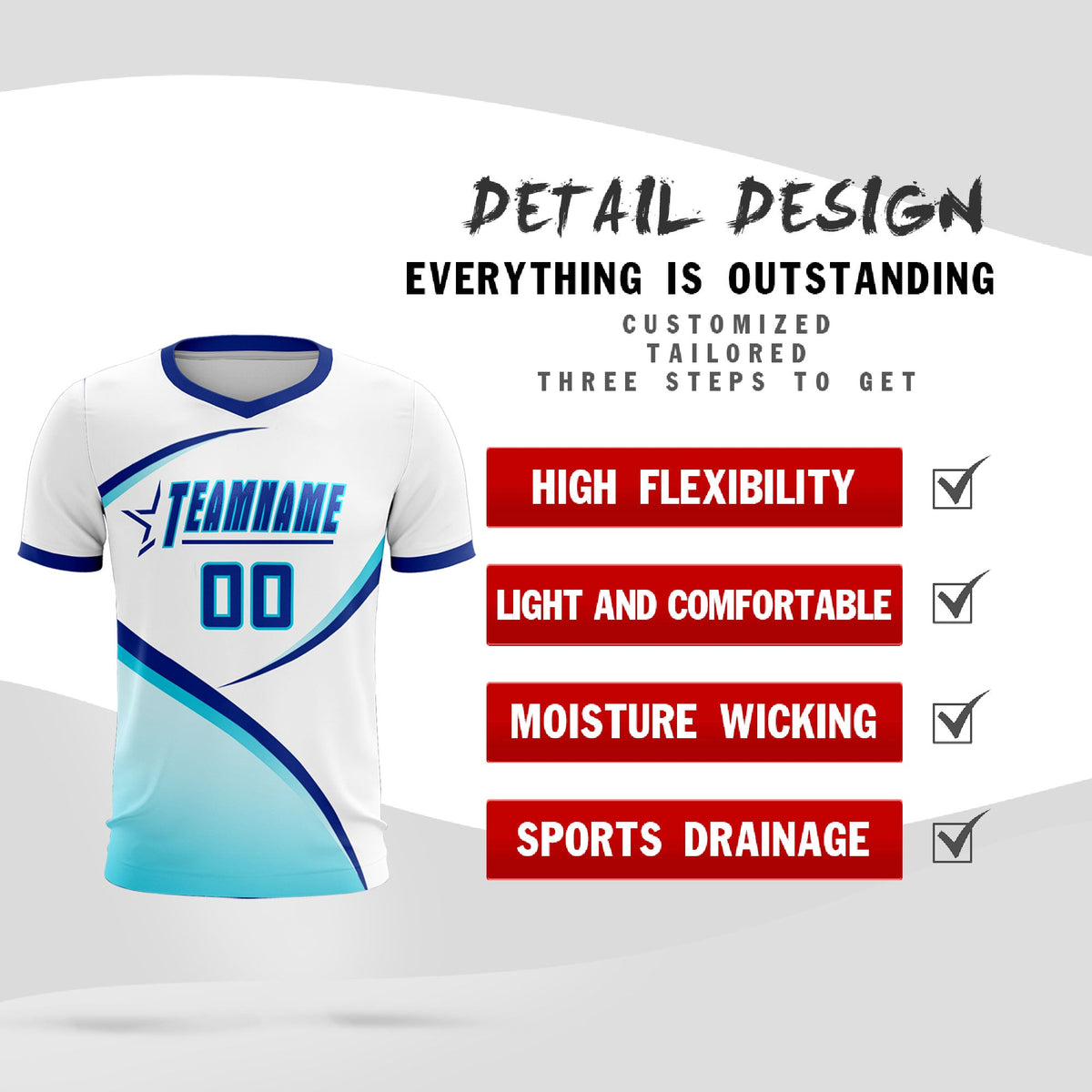 Custom White Sky Blue Color Block Training Uniform For Men Soccer Sets Jersey