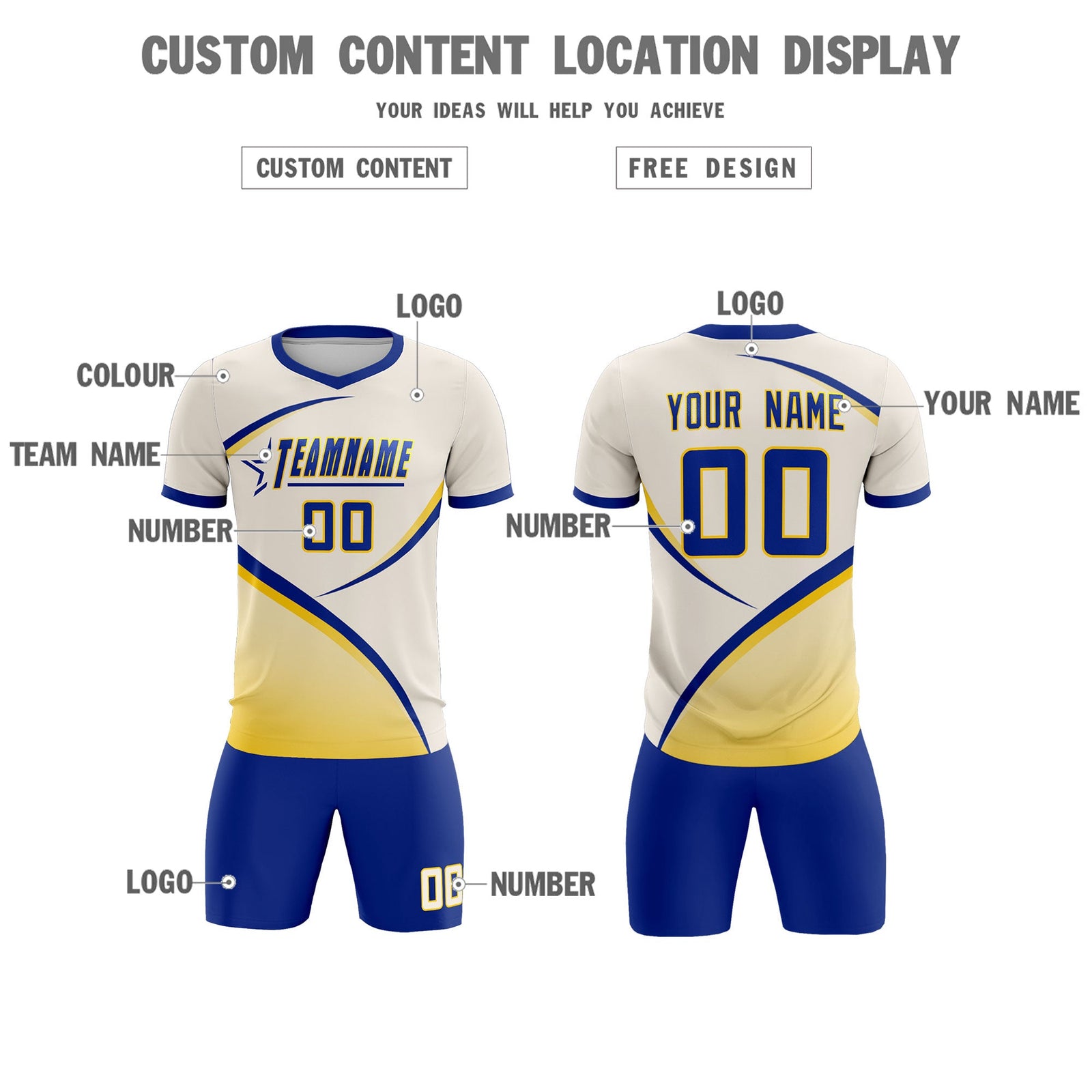 Custom Cream Royal Color Block Training Uniform For Men Soccer Sets Jersey