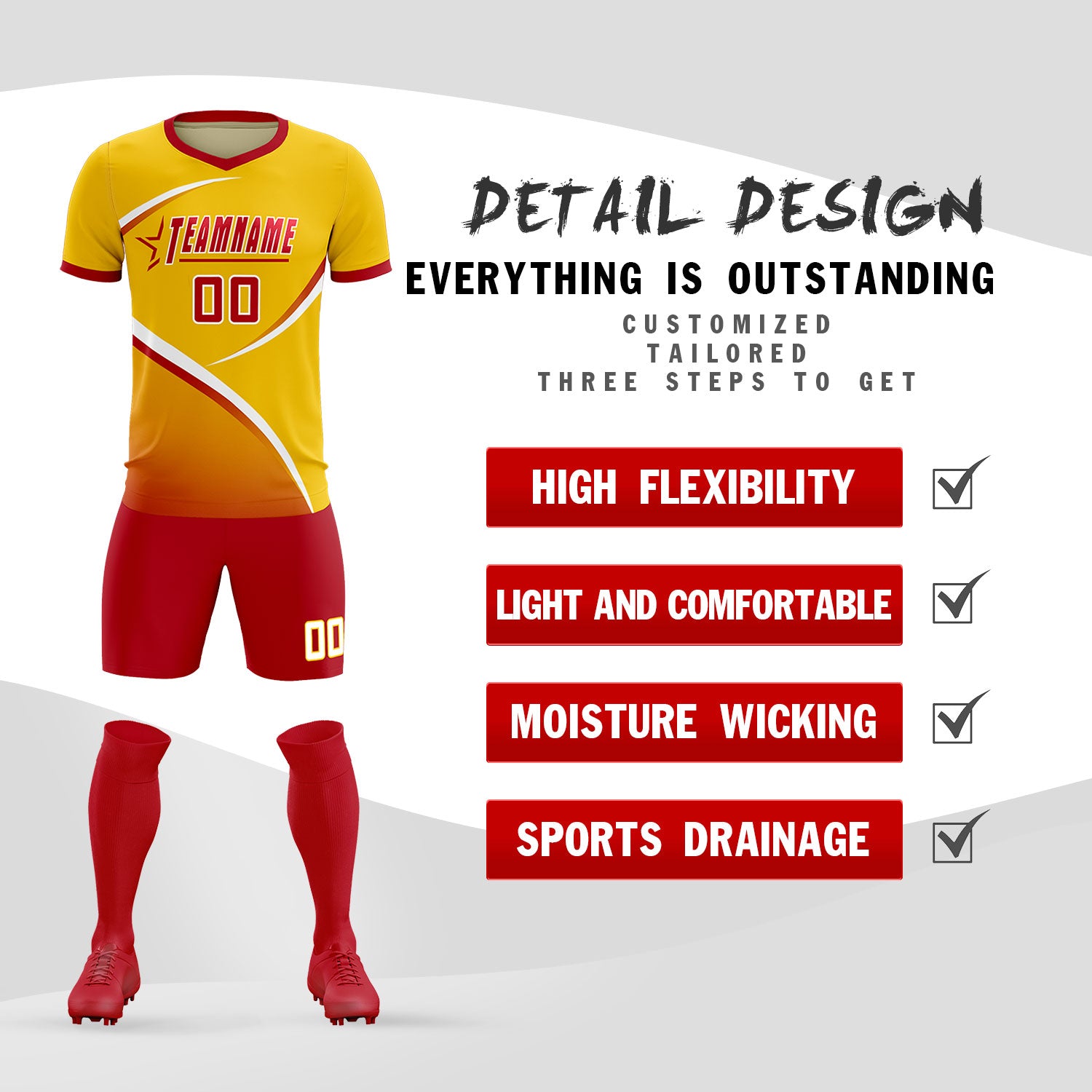 Custom Gold Red Color Block Training Uniform For Men Soccer Sets Jersey