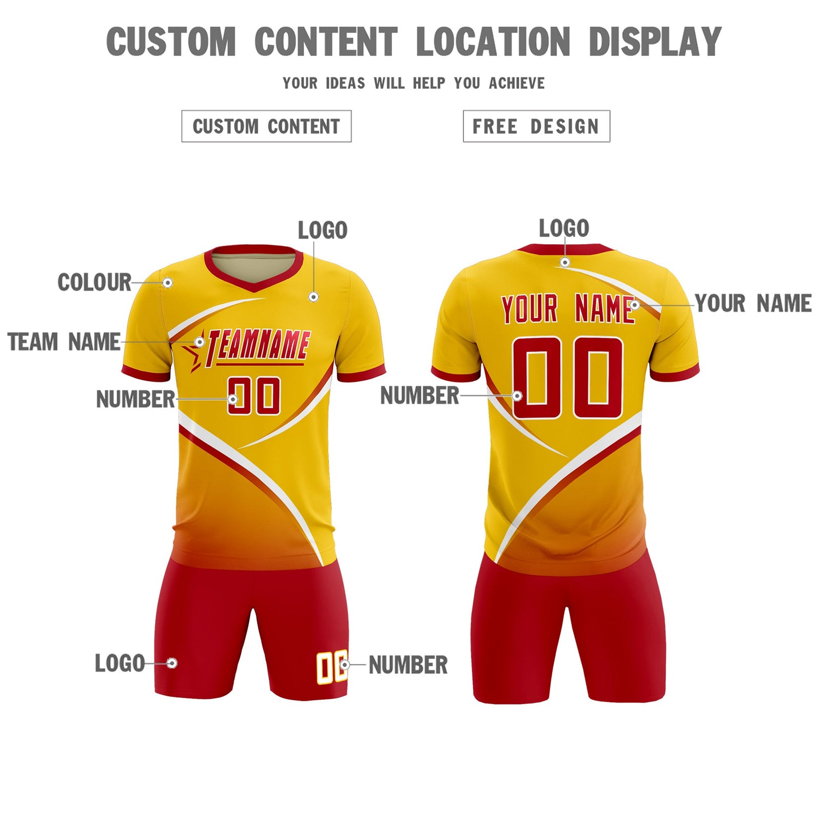 Custom Gold Red Color Block Training Uniform For Men Soccer Sets Jersey