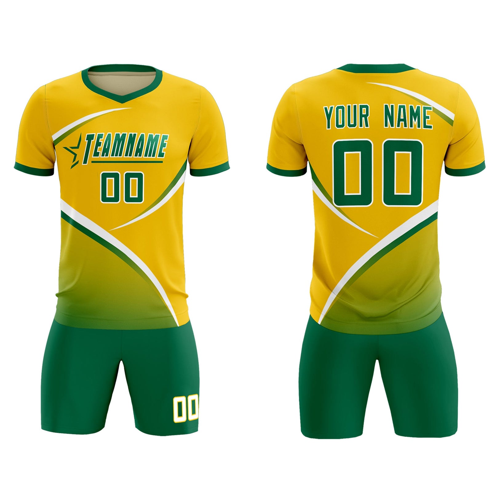 Custom Gold Kelly Green Color Block Training Uniform For Men Soccer Sets Jersey