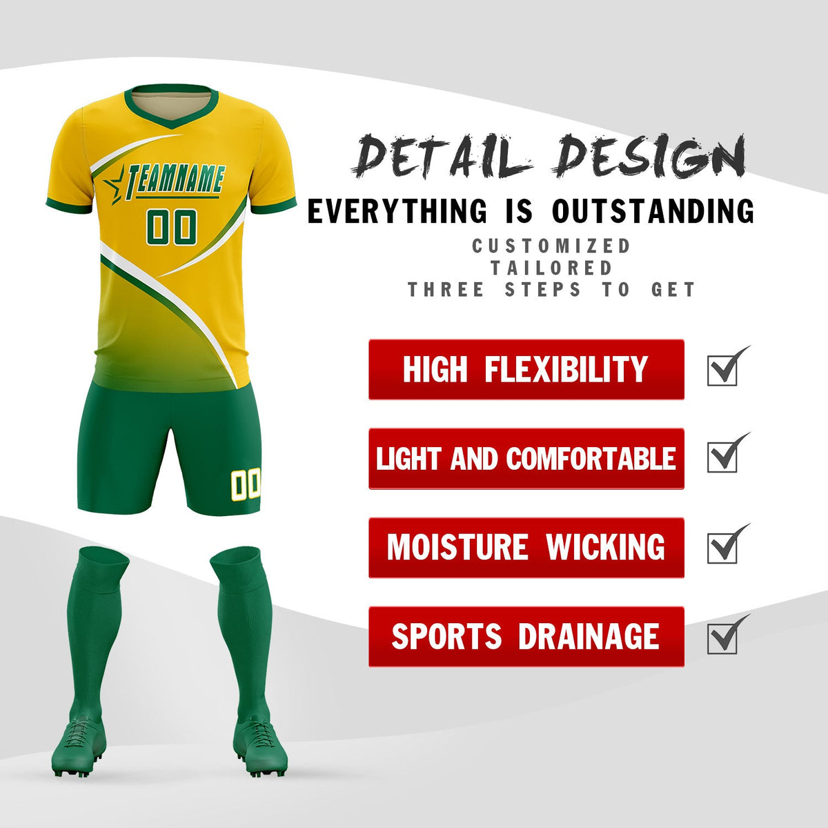 Custom Gold Kelly Green Color Block Training Uniform For Men Soccer Sets Jersey