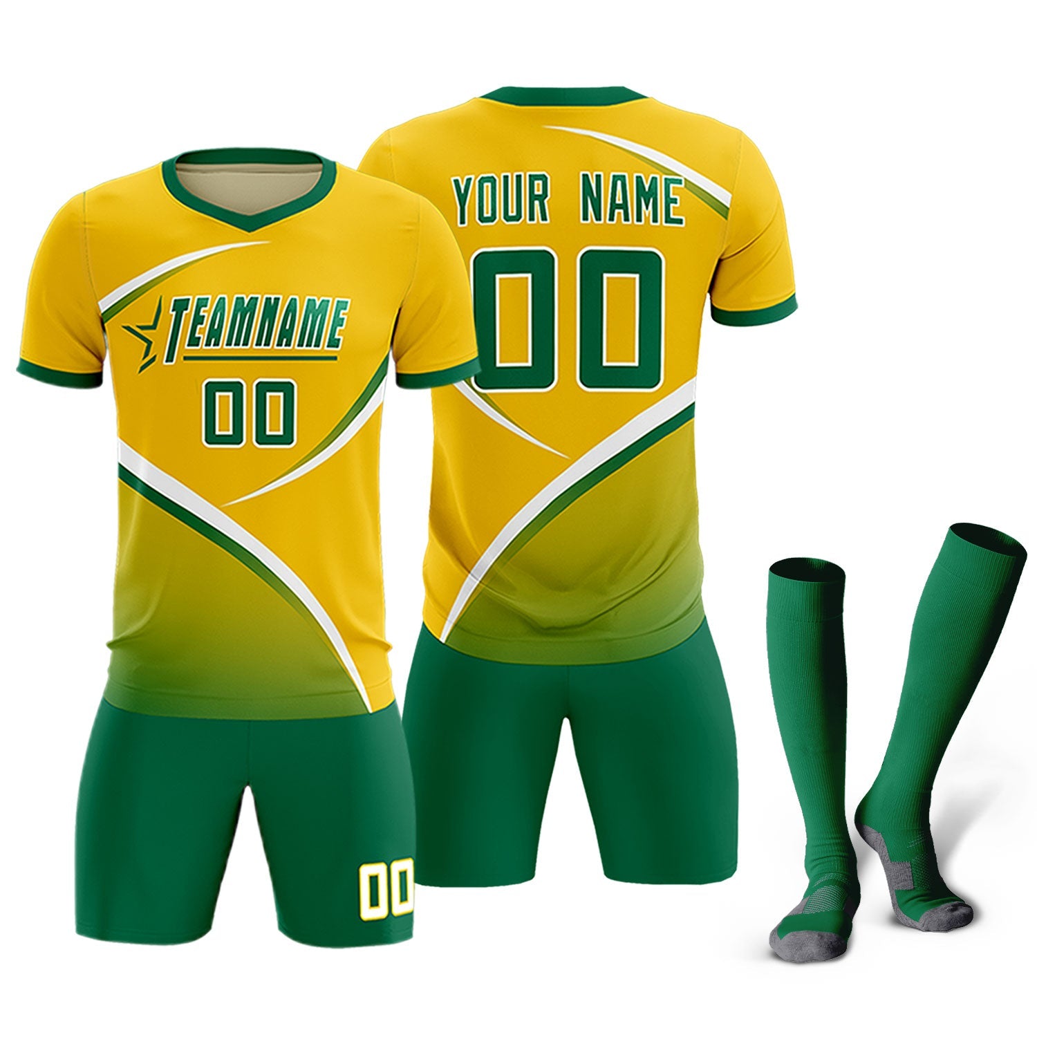 Custom Gold Kelly Green Color Block Training Uniform For Men Soccer Sets Jersey