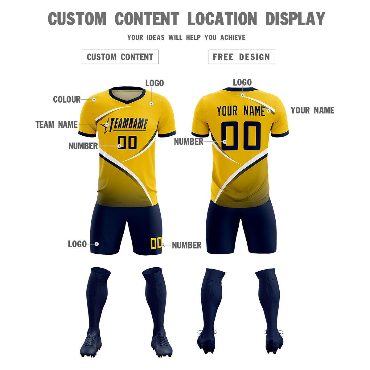 Custom Gold Navy Color Block Training Uniform For Men Soccer Sets Jersey