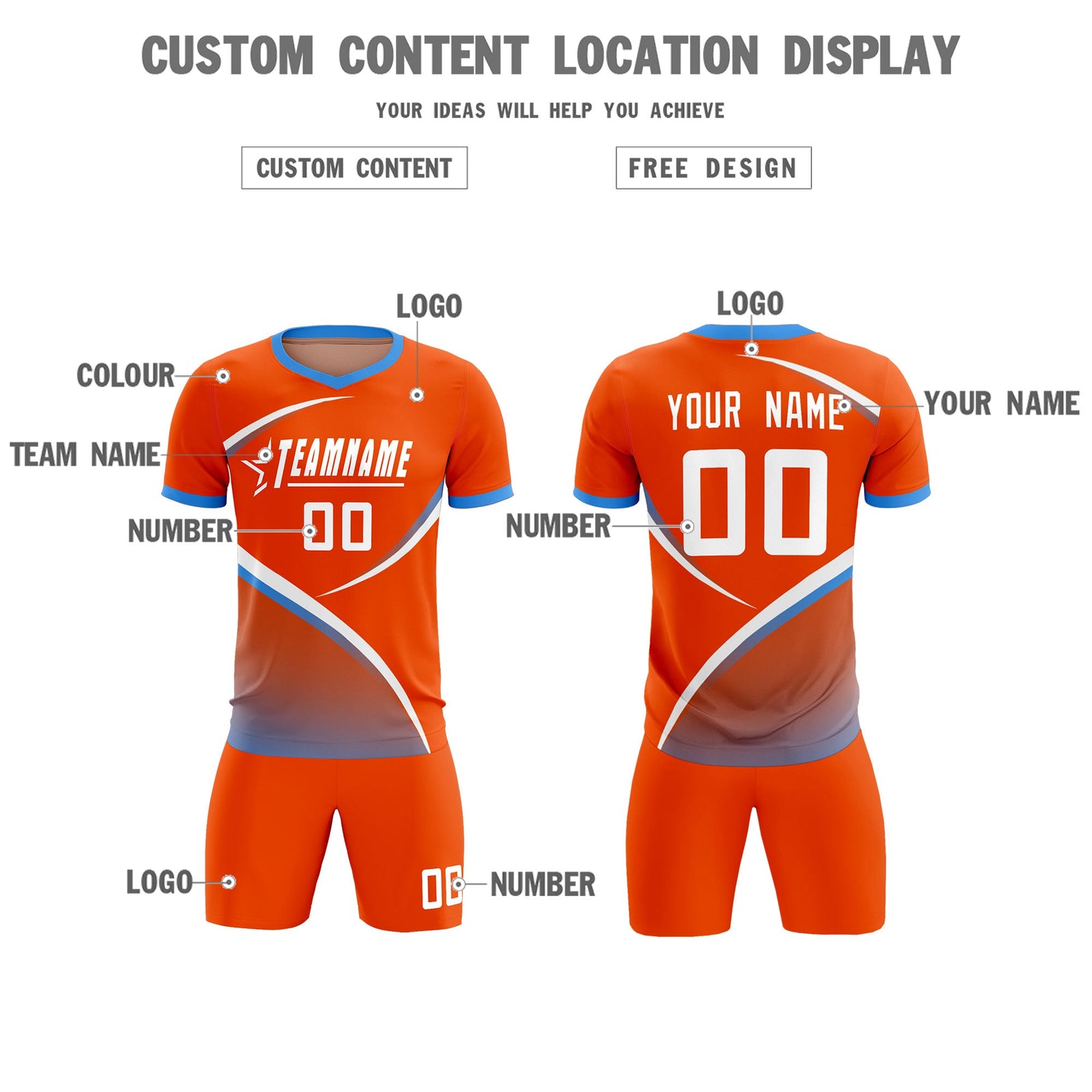 Custom Orange Powder Blue Color Block Training Uniform For Men Soccer Sets Jersey