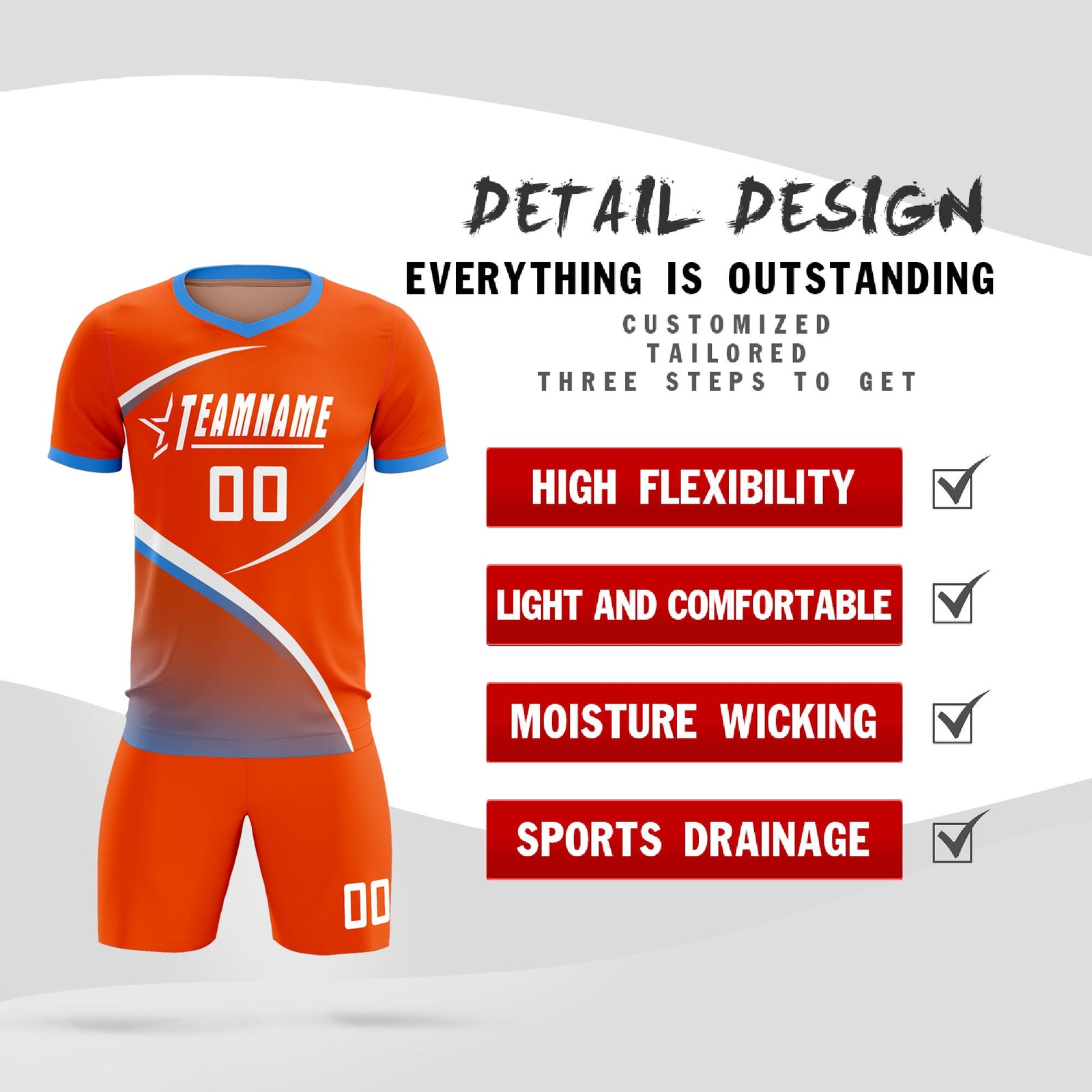 Custom Orange Powder Blue Color Block Training Uniform For Men Soccer Sets Jersey