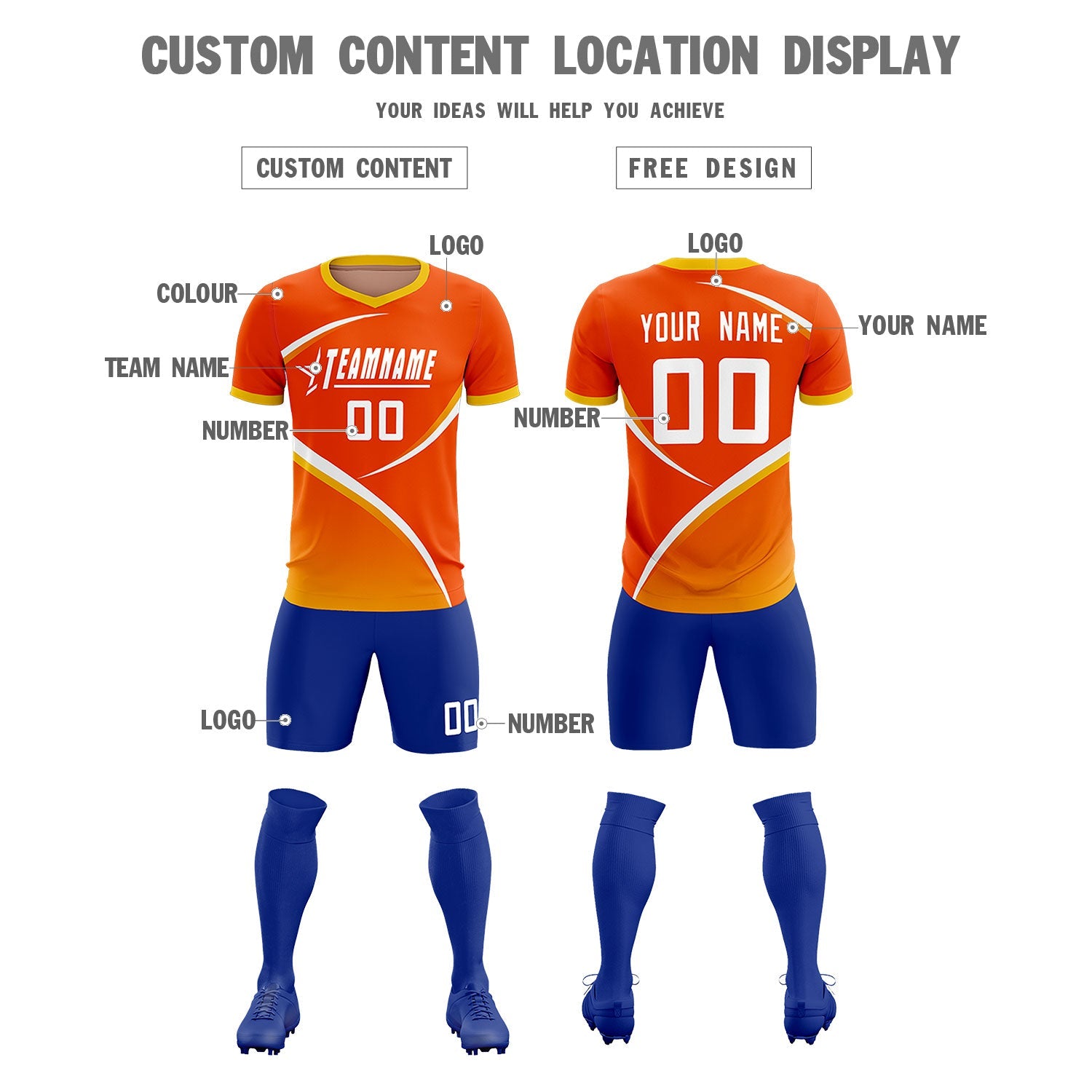 Custom Orange Gold Color Block Training Uniform For Men Soccer Sets Jersey