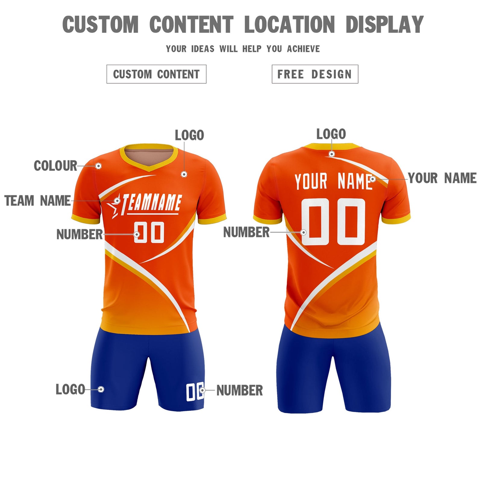 Custom Orange Gold Color Block Training Uniform For Men Soccer Sets Jersey