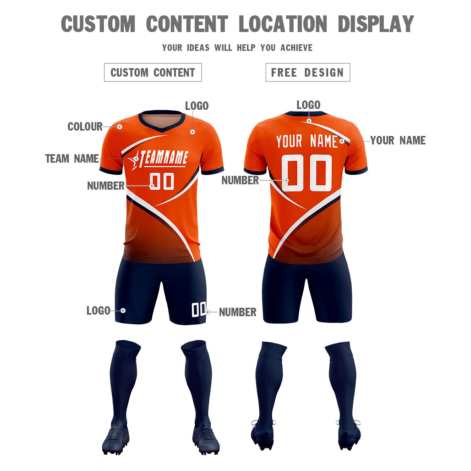 Custom Orange Navy Color Block Training Uniform For Men Soccer Sets Jersey