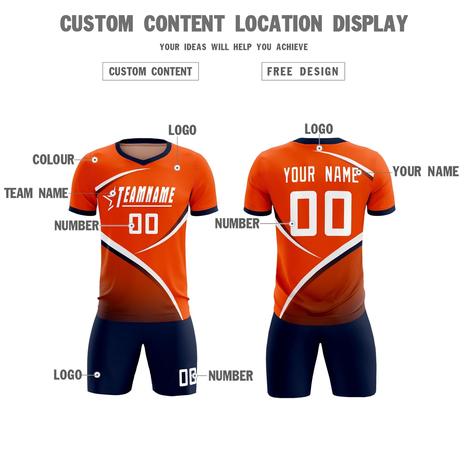 Custom Orange Navy Color Block Training Uniform For Men Soccer Sets Jersey