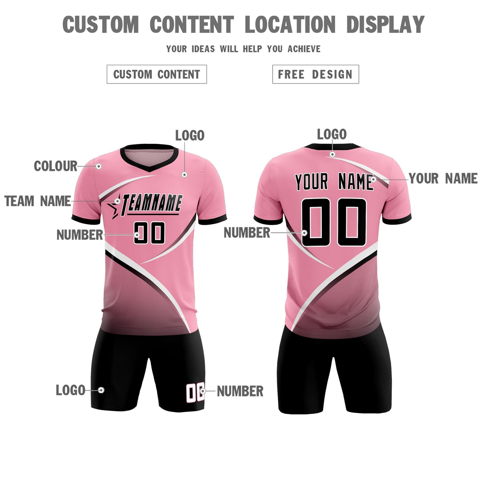 Custom Light Pink Black Color Block Training Uniform For Men Soccer Sets Jersey