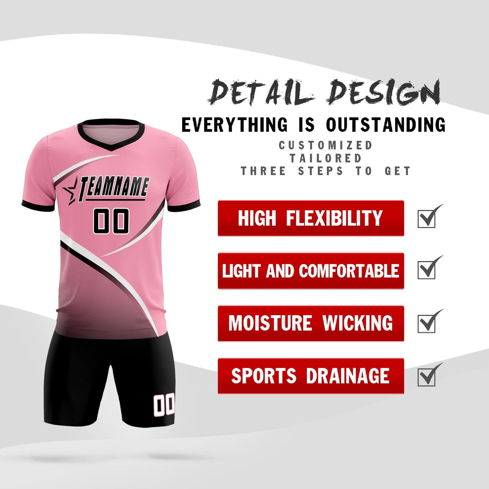 Custom Light Pink Black Color Block Training Uniform For Men Soccer Sets Jersey