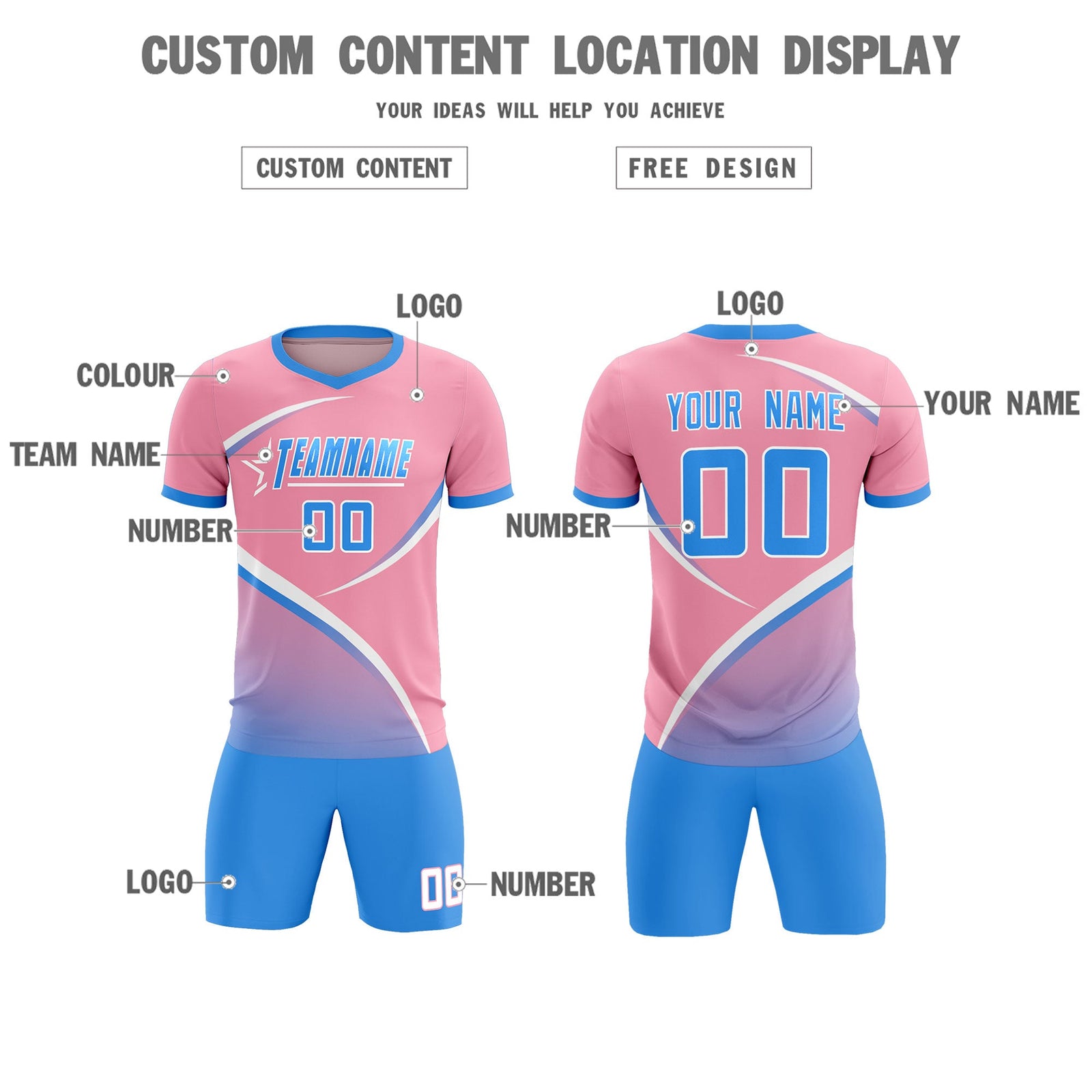 Custom Light Pink Powder Blue Color Block Training Uniform For Men Soccer Sets Jersey